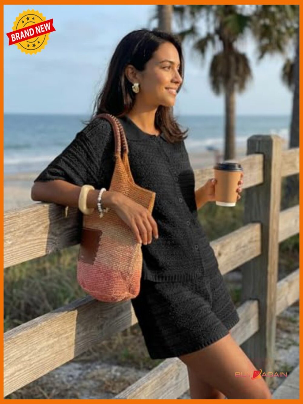 Women's 2 Piece Crochet Beach Cover Up Set Cardigan & Shorts - Picture 5 of 7